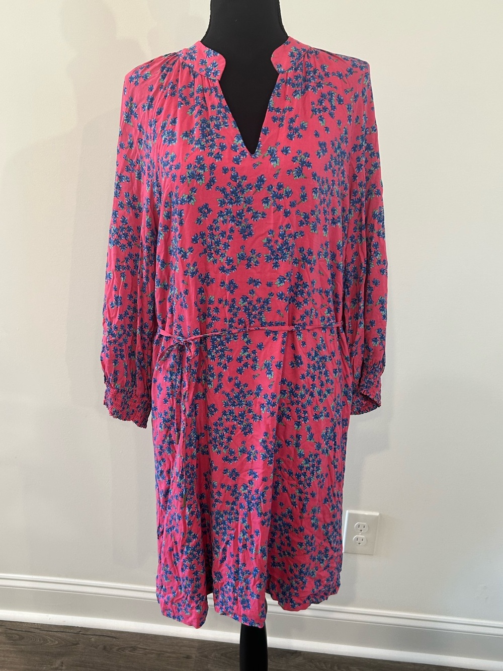 Draper James RSVP Floral Tie Waist Dress Pink Navy Rayon Lined Long Sleeve L